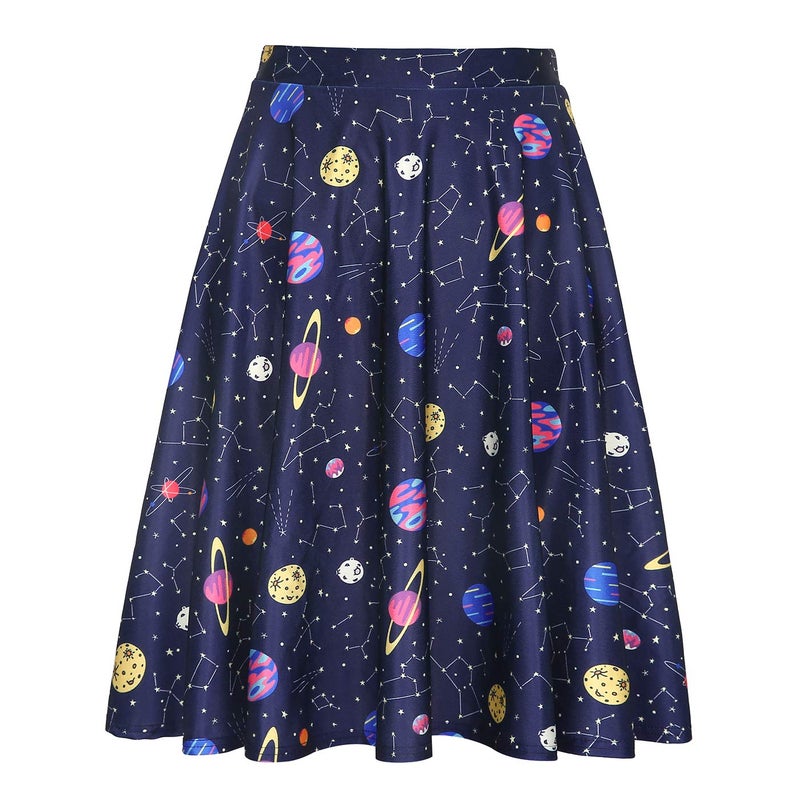 HDE Skirts for Women - Midi Skirt Skater Skirt Knee Length High Waist Fun Prints Solar System - M - Image 1